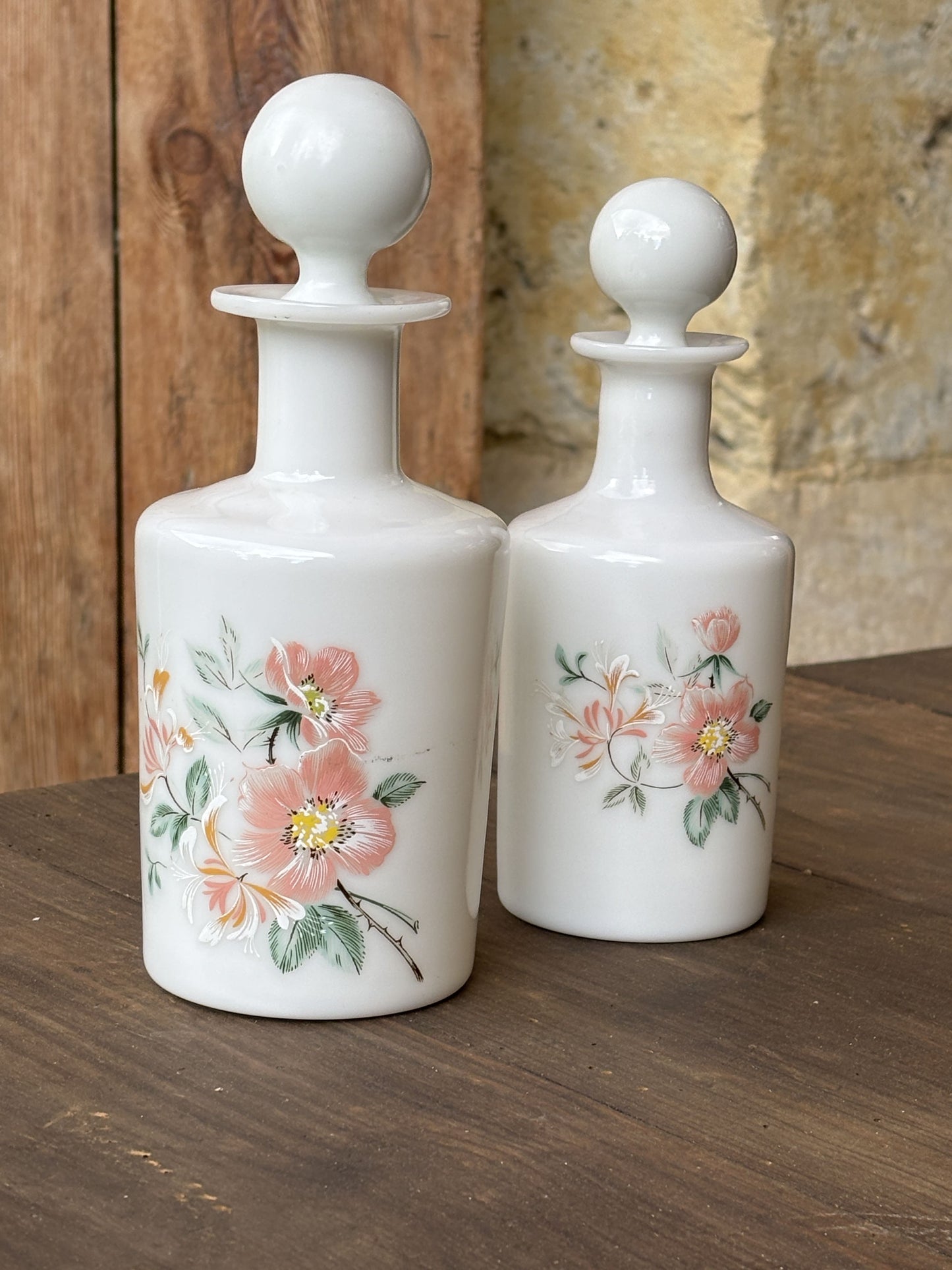 Opal glass bottle with floral motif - assembled